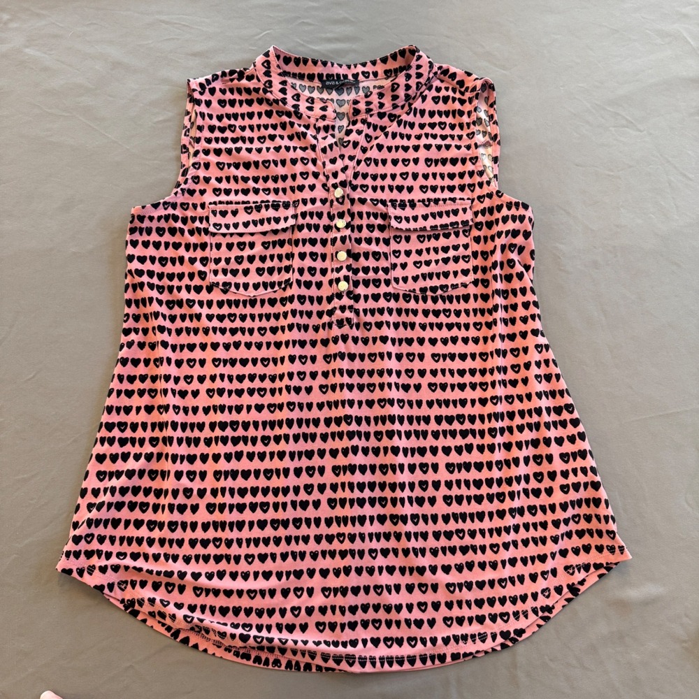 Ava & Grace Pink Black Heart Print‎ Sleeveless Button Front Blouse Medium
